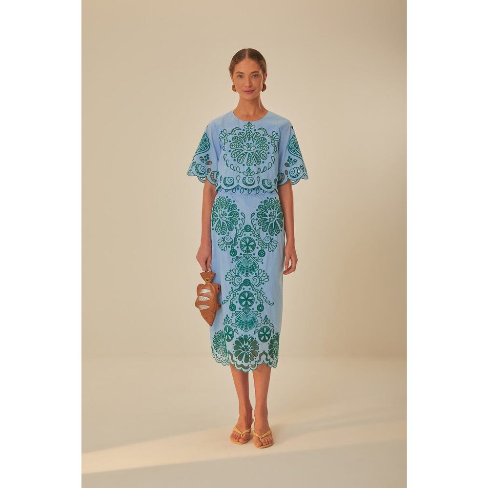 FARM Rio Blue and Green Embroidered Top
